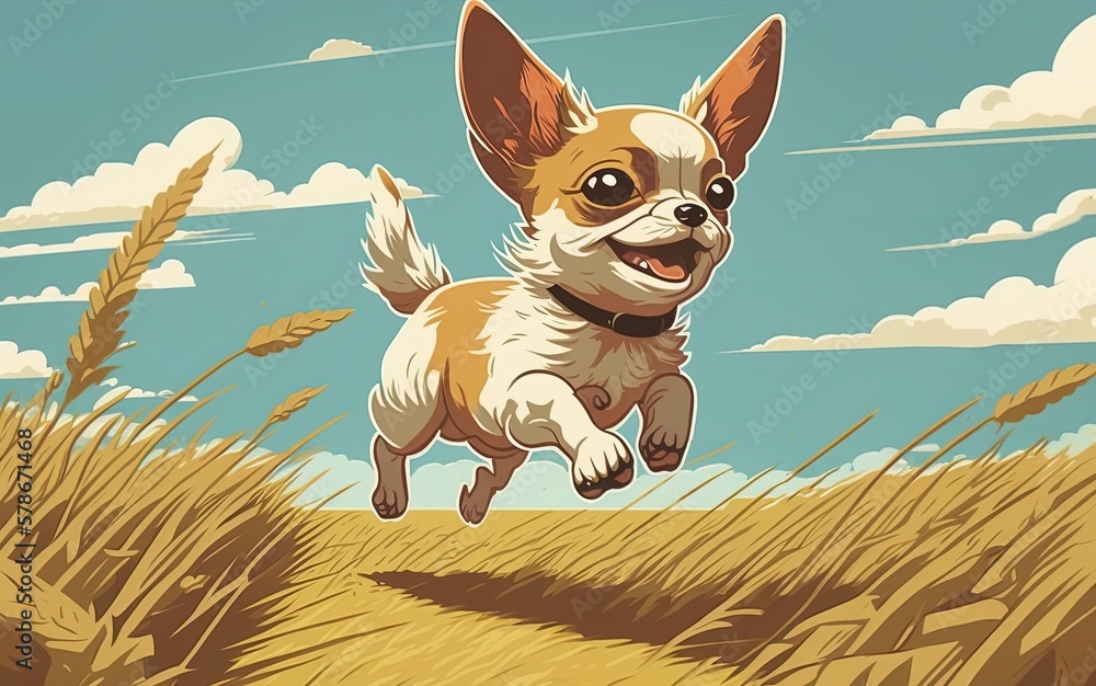 Poster Illustration of a little chihuahua running horizontally in a field. Generative AI
