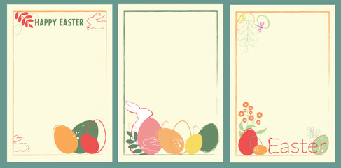 Easter Flyer templates set, abstract background, watercolor brush Easter eggs, rabbit, bunny ears pastel shades red, green, pink, orange. Pattern for presentation, brochure, banner, poster design.