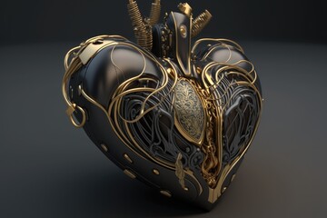A Black Cyborg Heart, Fitted with Gold Components and Rubber Lines. Generative AI