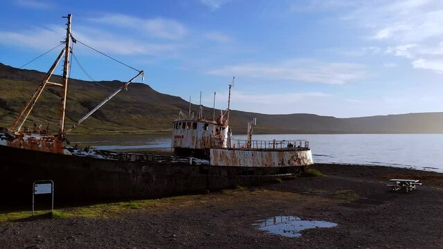 The oldest boat Gardar BA 64 in North West Iceland at sunset