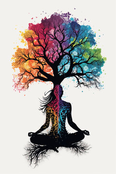 Full color silhouette illustration and chakras of a person in tree asana yoga pose. Lotus asana yoga pose. Valid as a poster design for yoga, reiki, zen rooms. created with Generative AI technology