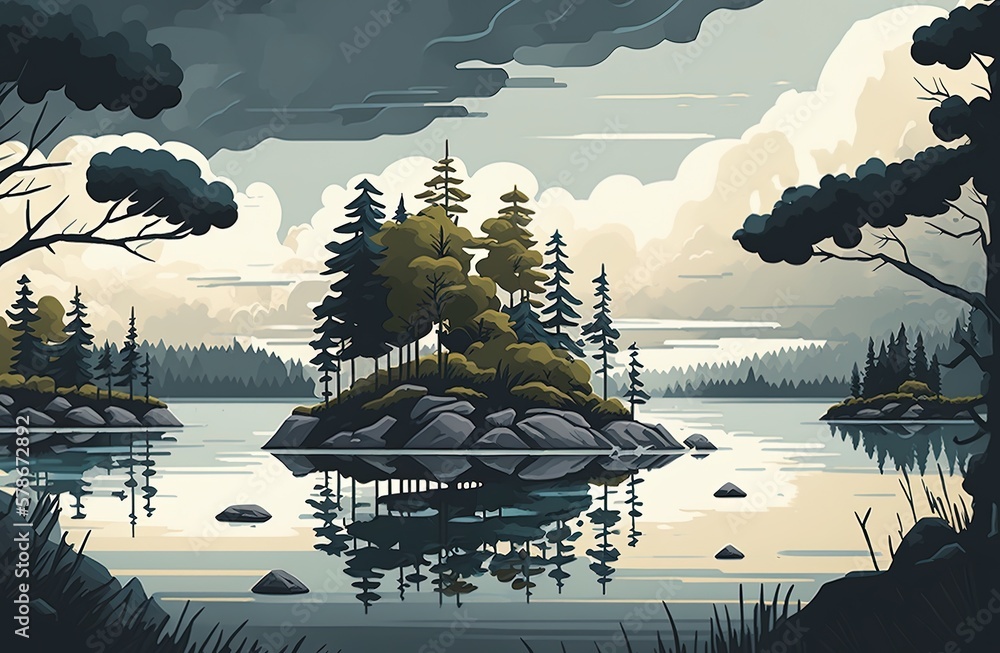 Poster image taken vertically, showing a peaceful lake framed by trees and a hazy sky Generative AI