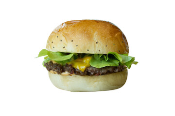 A juicy burger with meat, cheese, black sesame and vegetable
