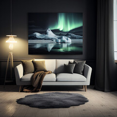 A peaceful living room and a framed view of the aurora borealis behind it. Generative AI