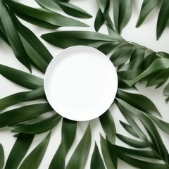 Cosmetic product presentation ad concept on white round template podium mockup for natural organic green eco forest fresh leaves nature flat lay background, trendy stylish minimalist Flatlay backdrop.
