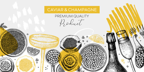Caviar and champagne hand drawn illustrations collection. Hand drawn red caviar canape, canned black caviar, sparkling wine bottle, glasses sketches set. Seafood drawings isolated on white background - obrazy, fototapety, plakaty