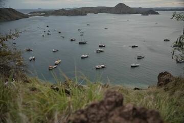 Panorama shot of Padar Island bay in Komodo National Park on Flores, on the sea many boats and in the background a hill range.