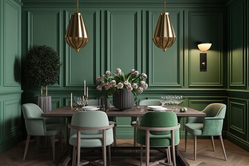 Traditional green pastel wall paneling and wooden chiar adorn an interior meeting or dining room. Generative AI