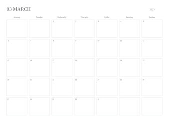 March 2023 simple design digital and printable calendar template illustration. Notes, scheduler, diary, calendar, memo, planner document template background. 