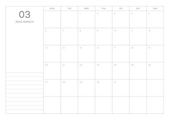 March 2023 simple design digital and printable calendar template illustration. Notes, scheduler, diary, calendar, memo, planner document template background. 