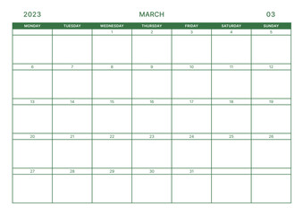 March 2023 simple design digital and printable calendar template illustration. Notes, scheduler, diary, calendar, memo, planner document template background. 