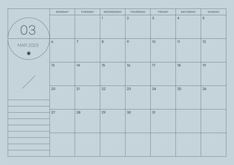March 2023 simple design digital and printable calendar template illustration. Notes, scheduler, diary, calendar, memo, planner document template background. 