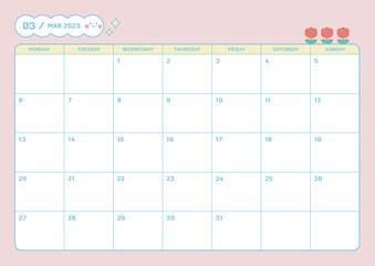 March 2023 simple design digital and printable calendar template illustration. Notes, scheduler, diary, calendar, memo, planner document template background. 