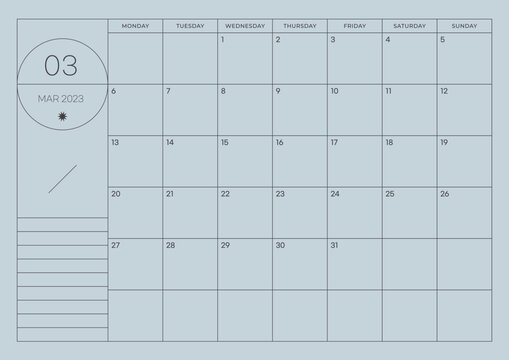 March 2023 simple design digital and printable calendar template illustration. Notes, scheduler, diary, calendar, memo, planner document template background. 