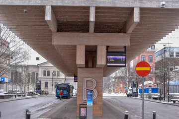Umea, Norrland Sweden - Large architectural bus stop made in sustainable wood.