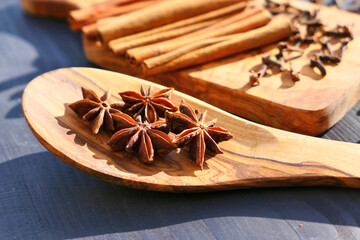 Star anise stars spice on wooden spoon. Gingerbread spice ingredients.
