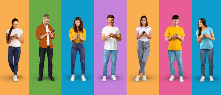 Smiling adult and millennial caucasian people in casual typing on smartphones, isolated on colorful background