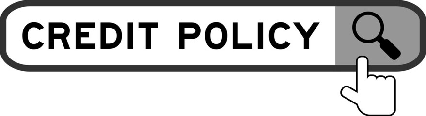 Search banner in word credit policy with hand over magnifier icon on white background