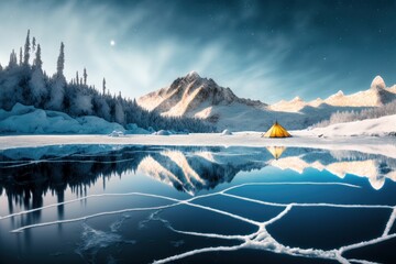 Tent outdoors. Frozen lake with cracks. Winter season. Landscape in the realism style. Generated AI