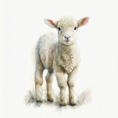 Isolated Baby Sheep on White Backdrop Watercolor-Style Illustration  [Generative AI]