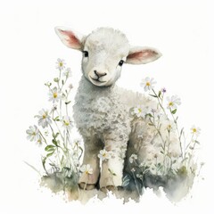 Little Lamb Sitting Among White Springtime Flowers, Watercolor Style Illustration [Generative AI]