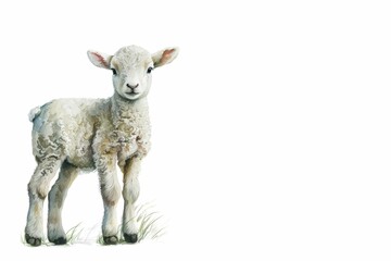 Cute White Lamb with Copy Space, Watercolor-Style Illustration [Generative AI]