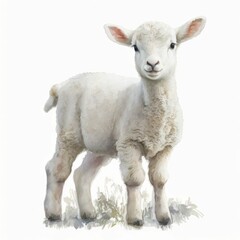 White Lamb on Blank Backdrop, Watercolor Style Illustration  [Generative AI]