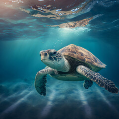 Illustration of majestic turtle swimming through the depth