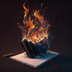 The illustration of a burning notebook is a powerful visual metaphor.