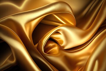 Gold satin textured background, rippled golden fabric.