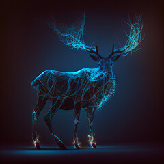 The deer with glowing antlers at night is a mystical and magical image