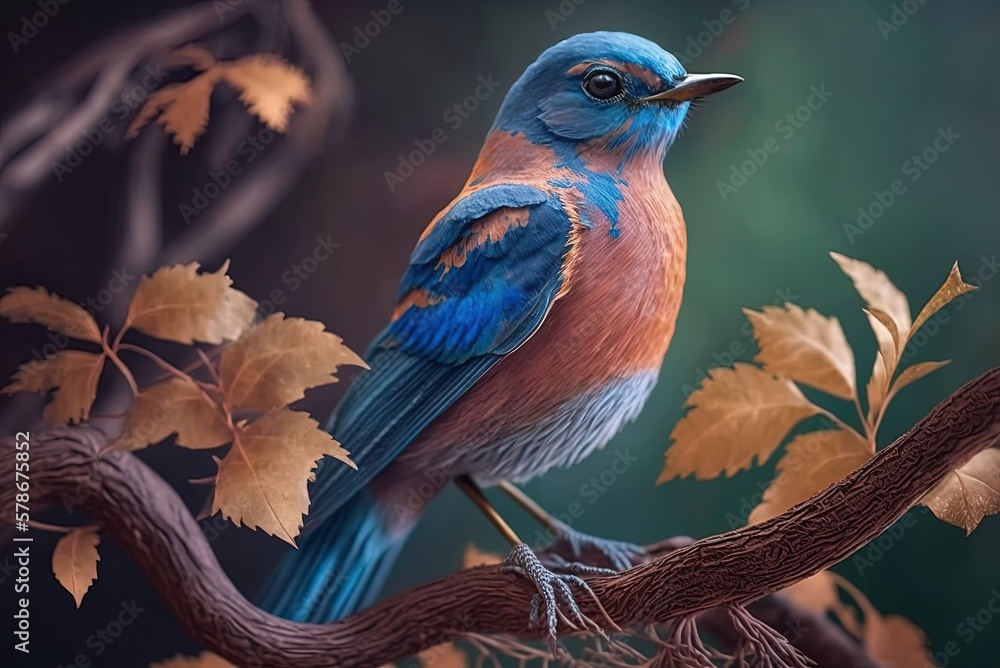 Poster selected focus photograph taken vertically of a bluebird perched on a tree limb. generative ai