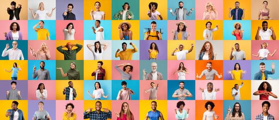 Set Of Happy Excited Multicultural Males And Females Posing Over Bright Backgrounds - Powered by Adobe