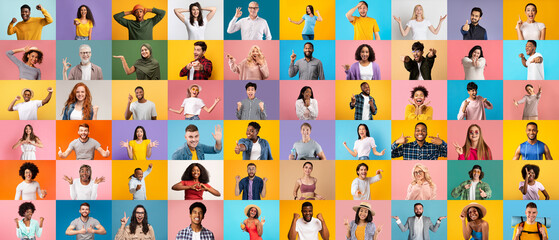 Human Emotions Concept. Portraits Of Diverse Happy People Posing Over Colorful Backgrounds
