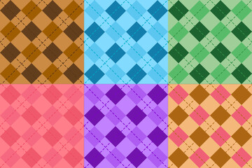 Set of 6 Argyle Seamless Pattern Plaid Geometric Diagonal Colorful Square Diamond Checkered Fashion Fabric Textile Cloth Book Cover Criss Cross Classic Vintage Retro Wallpaper Background Check