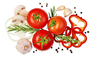 fresh tomato, herbs and spices on transparent background. png file