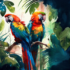 Parrots Ara with tropical plants, ai illustration
