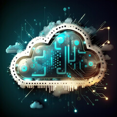 This digital illustration depicts the concept of cloud computing technology as a background