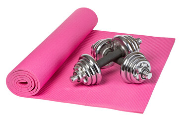 Yoga mat and dumbbells on transparent background. png file - obrazy, fototapety, plakaty