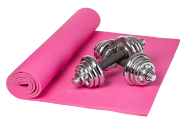 Yoga mat and dumbbells on transparent background. png file