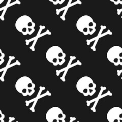 White skulls and crossed bones on black background. Vector seamless pattern. Best for textile, print, wrapping paper, package and decoration.