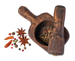 Mortar And Pestle With Pepper And Spices on transparent background. png file