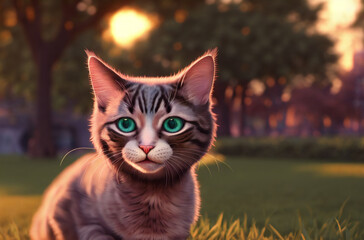 Cute cat on walk at sunset. Beautiful pussycat on street in park. Generative AI.