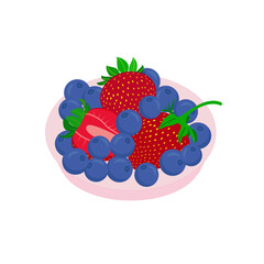 Berries of red strawberries and blue blueberries, which lie on a pink plate, isolated, close-up, on a transparent and white background. Vector image, illustration, graphic design.