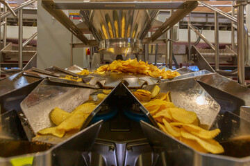 Bucket machine for measuring potato chips.