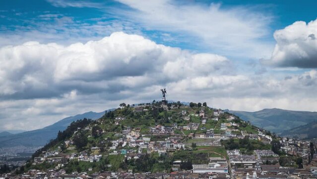 Aerial timelapse of Angel de la Virgen de Quito at the top of the hill. Quito, Ecuador