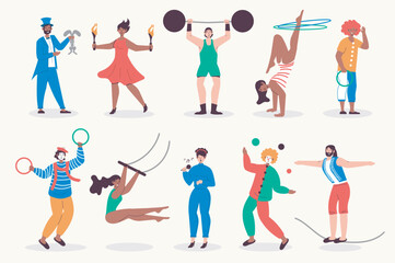 People work in circus set in flat design. Men and women performing as jugglers, acrobats, clowns, magician and other staff. Bundle of diverse characters. Vector illustration isolated persons for web