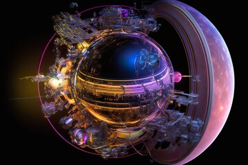 Neon luminous mechanical planet created with Generative AI 