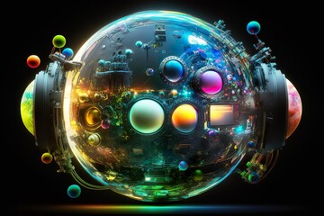 Neon luminous mechanical planet created with Generative AI 