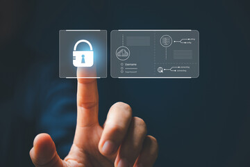 Cybersecurity and privacy concepts to protect data. Lock icon and internet network security technology. Businesswoman's touch screen lock with protecting personal data on virtual screen.